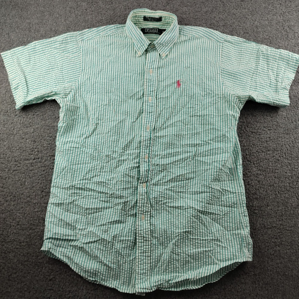 Polo Ralph Lauren Mens XL Seersucker Shirt Green White Stripe Short Sleeve Pony
